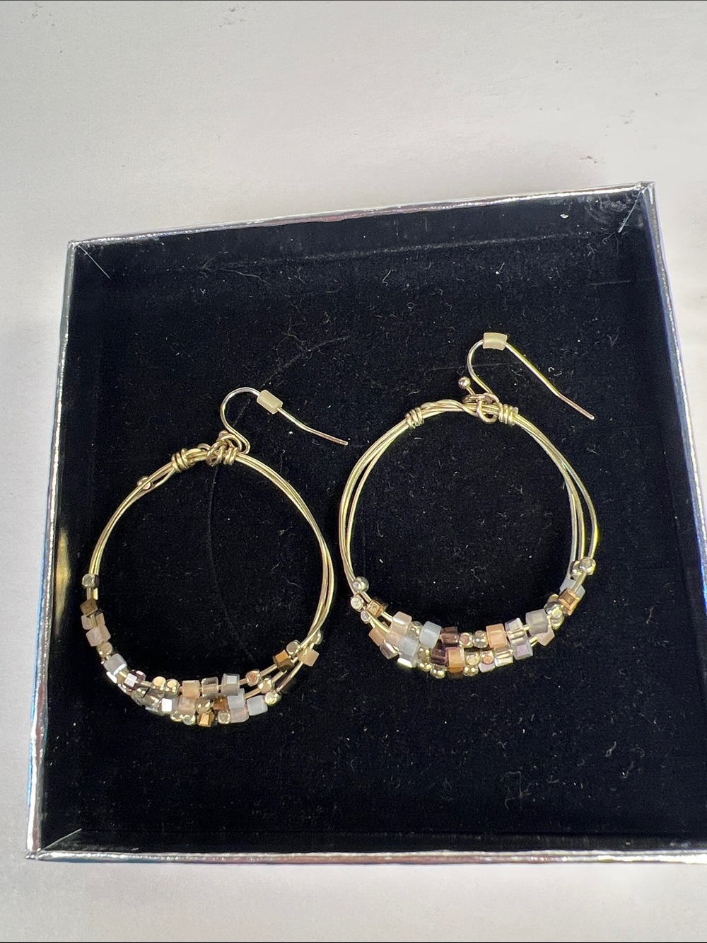 Gold Hoop Earrings with Pink, Cream, and Tan Bead Accents